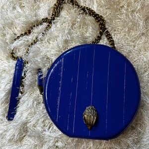 KURT GEIGER LONDON Round Shoreditch Blue Patent Leather Crossbody Shoulder Purse